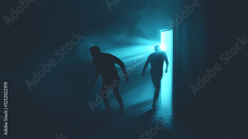 A close call as a thief narrowly avoids being caught by a guard, glowing flashlight beams sweeping the area, cinematic tension. Light and Shadow Beings. Illustration