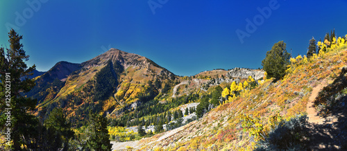 Box Elder Peak view looking up from hiking trail, American Fork Canyon. Wasatch Range Rocky Mountains, Utah, United States. photo