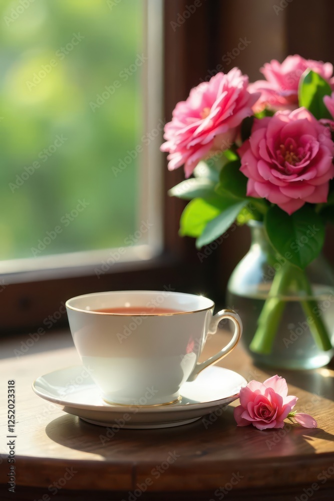 Delicate tea cups on a wooden table with flowers in the background, serene, nature Delicate tea cups on a wooden table with flowers in the background, serene, nature