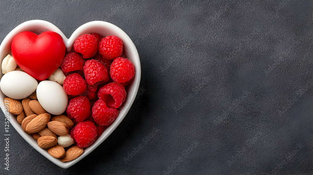 Heart-shaped bowl with raspberries, almonds, and candy.  Healthy Valentine's Day concept