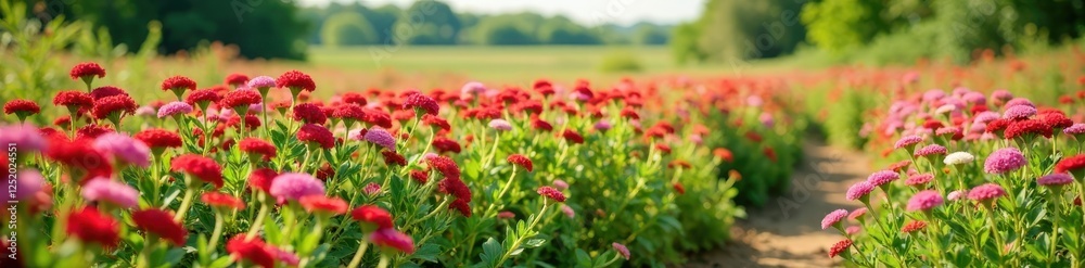 Field of Achillea millefolium with a winding path, nature, achillea millefolium, wildflowers Field of Achillea millefolium with a winding path, nature, achillea millefolium, wildflowers
