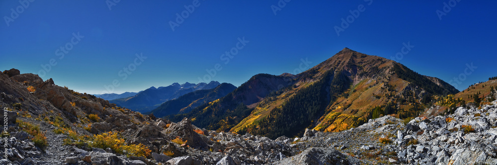 Box Elder Peak view looking up from hiking trail, American Fork Canyon. Wasatch Range Rocky Mountains, Utah, United States.