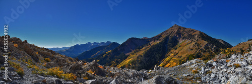 Obraz na płótnie Box Elder Peak view looking up from hiking trail, American Fork Canyon. Wasatch Range Rocky Mountains, Utah, United States. w salonie