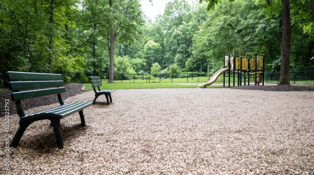 Park benches and playground in a wooded area. Possible use Stock photo for nature, family, outdoor recreation Park benches and playground in a wooded area. Possible use Stock photo for nature, family, outdoor recreation