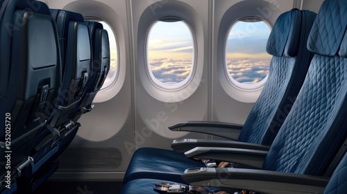 Wallpaper Mural Empty airplane seats with blue leather upholstery against a window showcasing clouds at sunset Torontodigital.ca