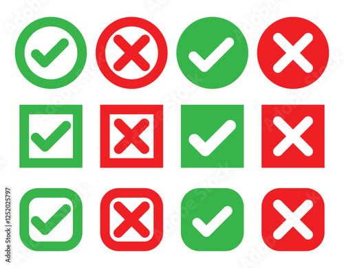 Big collection on tick and cross icon, Green tick, red cross, rigth and wrong, yes and no, Red X icon, icon set, 