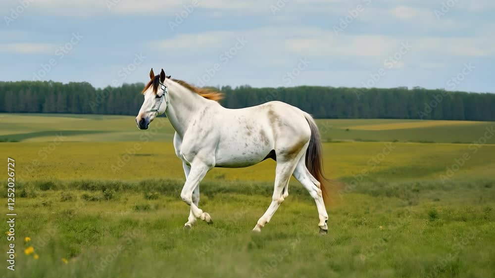 Majestic White Horse Roaming Peacefully in Green Meadow with Forest in Background on a Tranquil Day, mustang Majestic White Horse Roaming Peacefully in Green Meadow with Forest in Background on a Tranquil Day, mustang