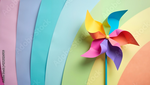 Colorful pinwheel toy against layered pastel rainbow background in close-up view