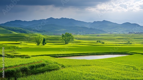 A peaceful rice terrace landscape with vibrant green fields and distant mountains, reflecting traditional agriculture.