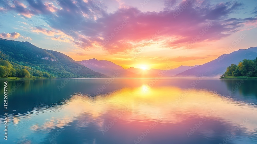 Fototapeta premium A serene lake surrounded by mountains at sunset, with the sky reflecting off the water in vibrant colors.