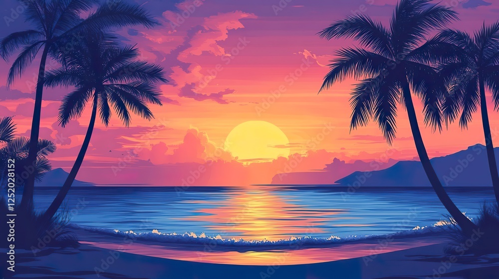 Fototapeta premium A tranquil beach sunset with silhouettes of palm trees and gentle waves creating a peaceful atmosphere.