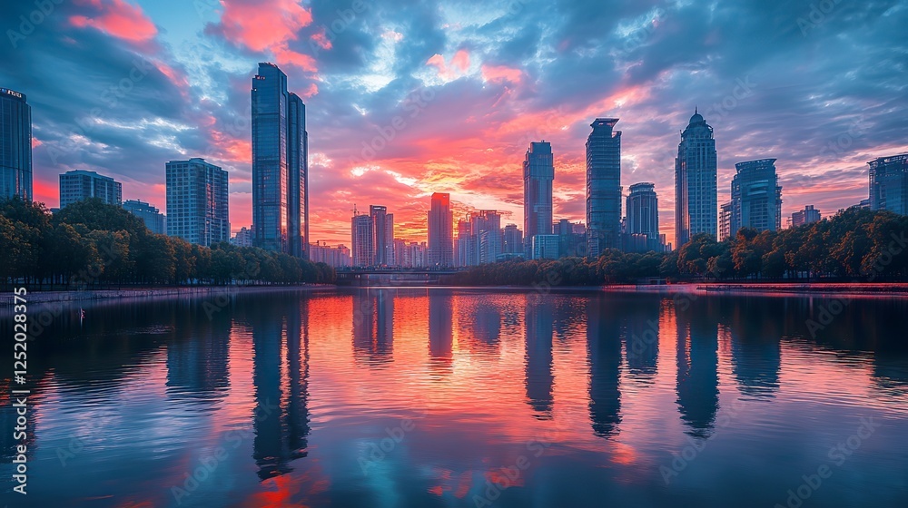 Fototapeta premium A vibrant city skyline reflected in a calm river during sunset, capturing the essence of urban life.