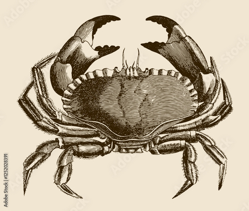 Edible crab cancer pagurus in top view, after antique engraving from 19th century