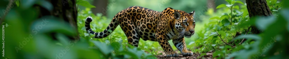 Naklejka premium Jaguar stalking prey through dense underbrush, prey, nature, predator