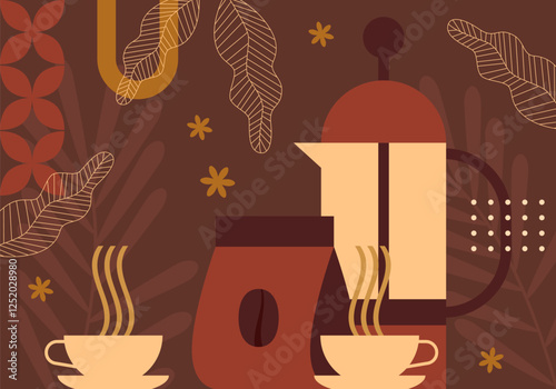 Coffee background. Set of coffee signs, icons, symbols for menu design. Cappuccino, americano, espresso, mocha, latte. Various coffee drinks set. Cups, beans and coffee makers. Broun design