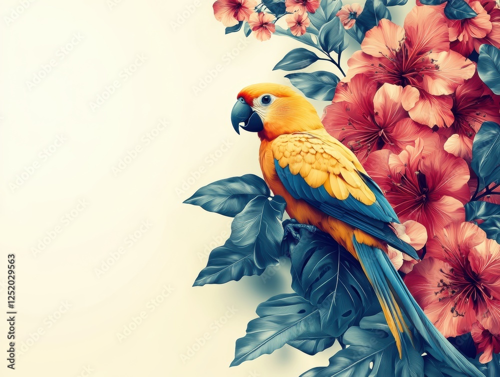 Obraz premium A vibrant parrot perched among colorful flowers and leaves.