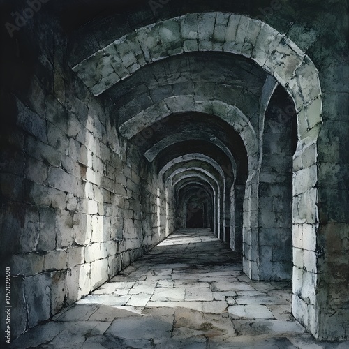 A hewn stone corridor. The corridoor is twenty feet wide, but the ceiling lowers periodically to three feet to favor shorter creatures photo
