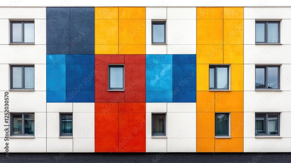 Fototapeta premium Colorful apartment building facade, urban scene, geometric design, modern architecture