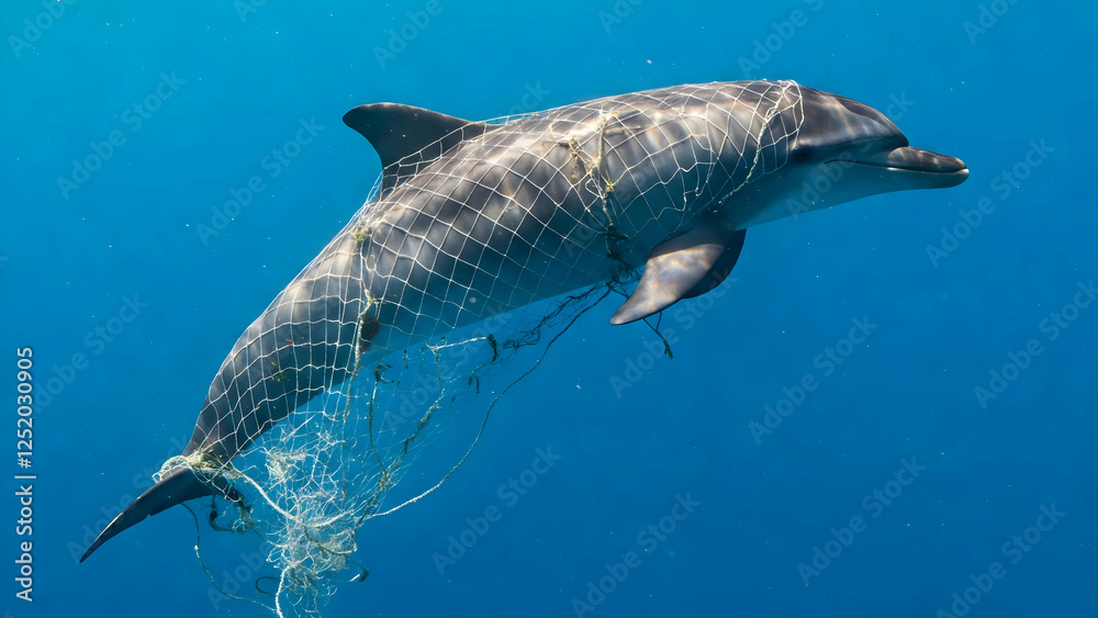 Naklejka premium A dolphin is entangled in a fishing net, showcasing its struggle for release. The scene captures the urgency of marine life impacted by human activities in clear, sunlit waters.