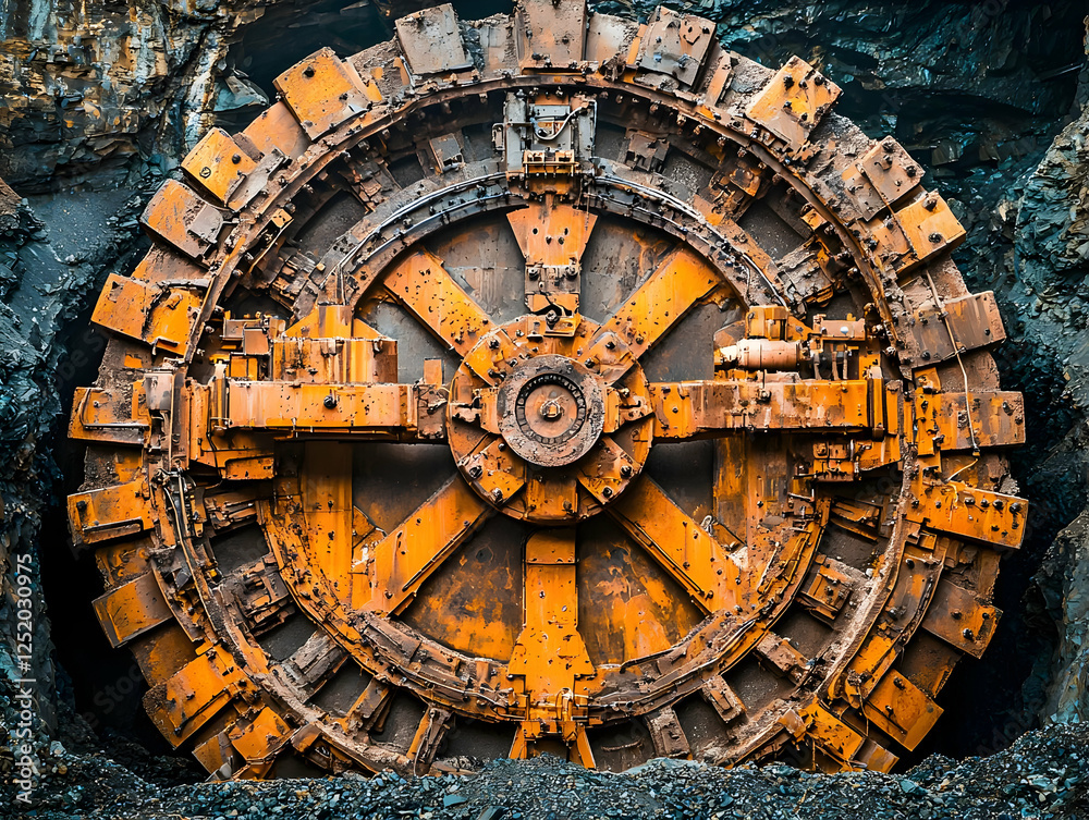 Giant mining wheel, coal extraction, dark mine Giant mining wheel, coal extraction, dark mine