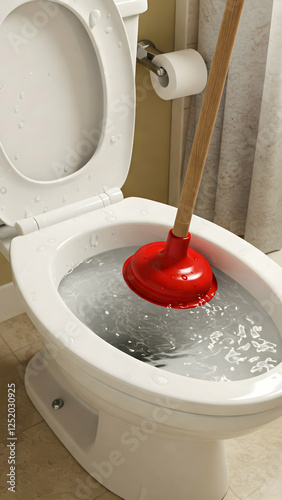 A red plunger is being used in a white toilet bowl filled with water, indicating an attempt to clear a blockage in a residential setting during home upkeep.