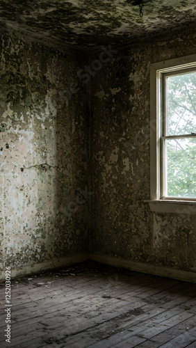 A corner in a once-inhabited room shows extensive mold growth on the walls, highlighting neglect and decay. Light filters in through a window, illuminating the peeling paint and wooden floor.
