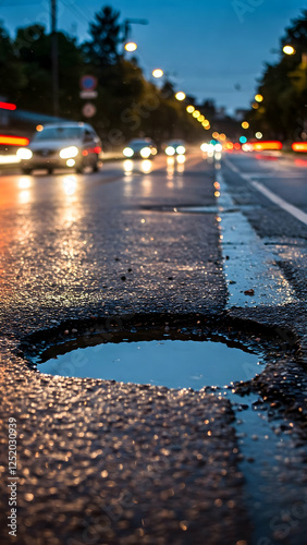 Rain-soaked sidewalk catches reflections of colorful city lights. Concepts of problems, paving, road repair, infrastructure, potholes, work services, accident, obstacle, traffic, movement, damage