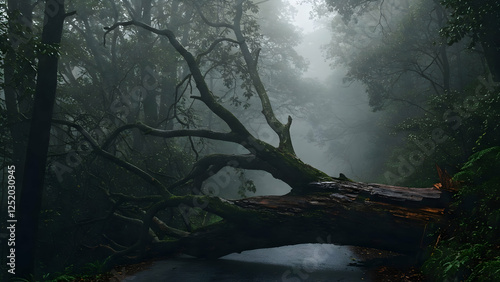 A large tree lies across a wet road in a dense forest setting. Thick fog envelops the area, making visibility low and creating an eerie atmosphere.