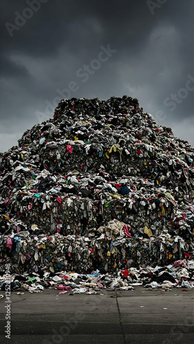 A large mound of colorful discarded clothing towers under a dark and cloudy sky, highlighting the issue of textile waste in urban areas.