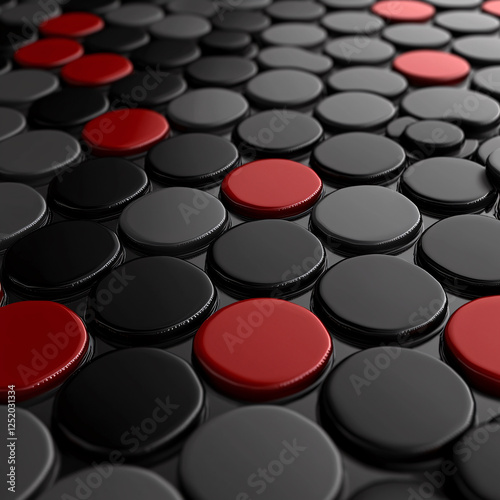 Arrangement of glossy black and grey discs with sporadic red ones, creating a pattern with depth and visual contrast. photo