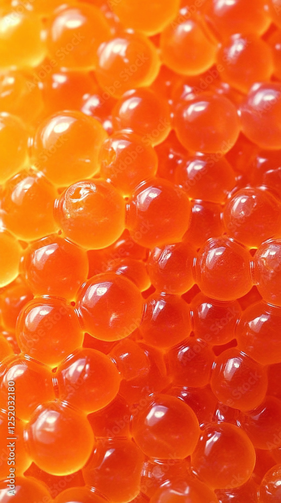 Macro shot showcases the vibrant texture of fresh red-orange caviar against a soft background