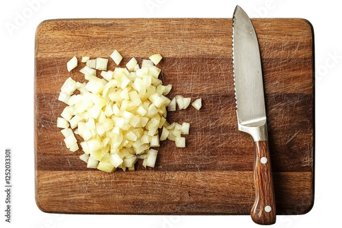Chopped onion and knife on a wooden cutting board isolated on transparent white background PNG