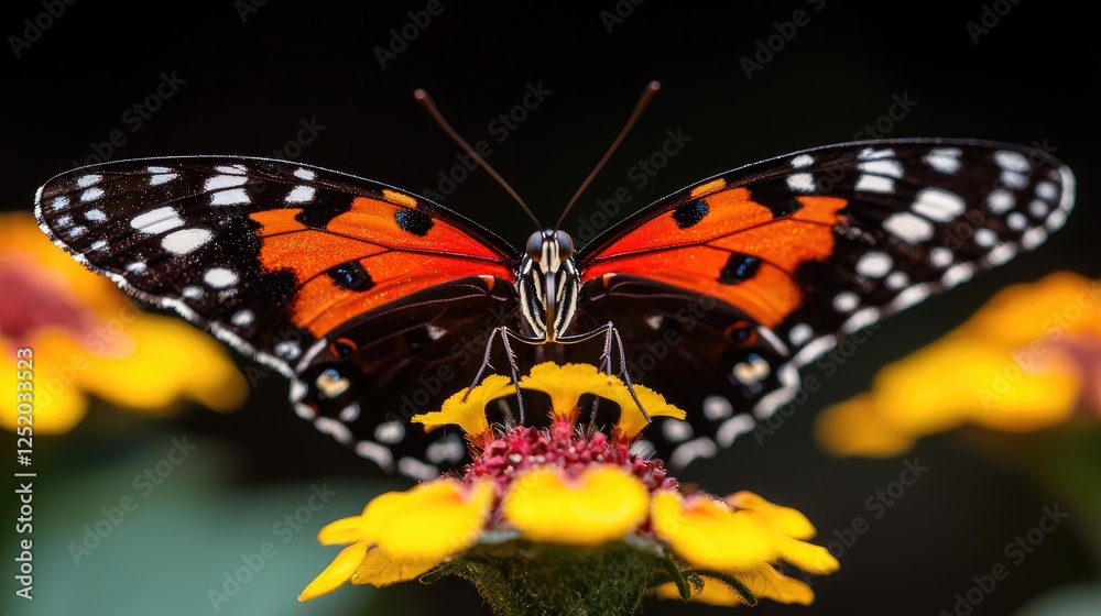 Obraz premium Butterfly on flower, dark background, nature macro