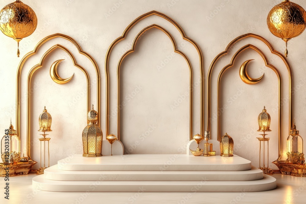 Elegant Ramadan Festive Background Golden Lanterns Crescent Moon and Archways Elegant Ramadan Festive Background Golden Lanterns Crescent Moon and Archways