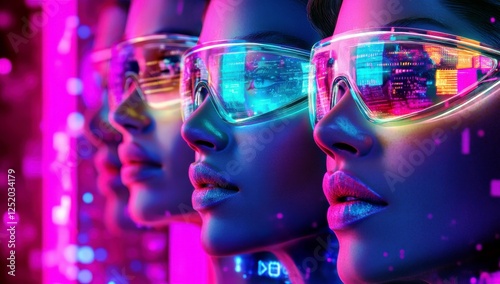 Futuristic Portraits of Women with Neon Sunglasses Reflecting Vibrant Digital Cityscapes in a Colorful Tech-Inspired Background