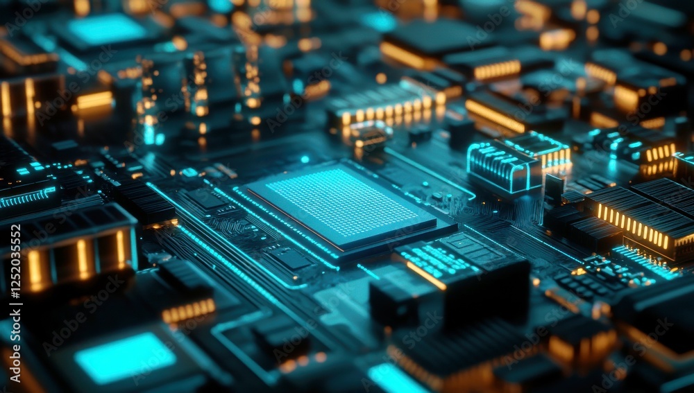 Close-Up View of a Futuristic Microchip Circuit Board with Blue and Orange Lights in a High-Tech Environment Close-Up View of a Futuristic Microchip Circuit Board with Blue and Orange Lights in a High-Tech Environment