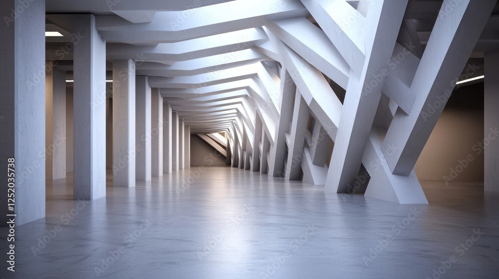 Naklejka premium Modern white architecture interior, sunlight through geometric ceiling, spacious hallway, background for design