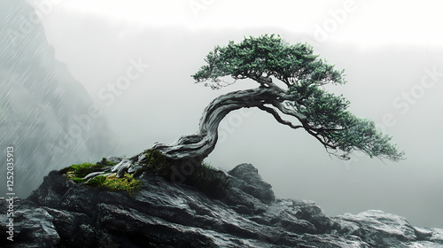 Bonsai styled to replicate a windswept tree on a mountain, with dramatic angles and sparse leaves. Windswept Desolation. Illustration