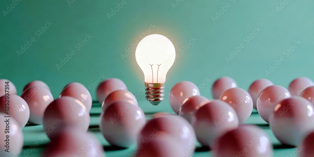 Unique Light Bulb Above Group of Smooth White Balls on Green Background, Symbolizing Innovation, Creativity, and New Ideas in a Minimalist Setting Unique Light Bulb Above Group of Smooth White Balls on Green Background, Symbolizing Innovation, Creativity, and New Ideas in a Minimalist Setting
