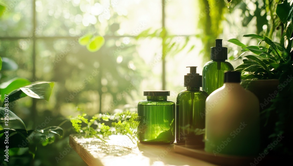 Natural skincare bottles arranged on a wooden shelf in a bright, sunlit room surrounded by lush green plants and foliage, evoking a sense of tranquility and freshness Natural skincare bottles arranged on a wooden shelf in a bright, sunlit room surrounded by lush green plants and foliage, evoking a sense of tranquility and freshness