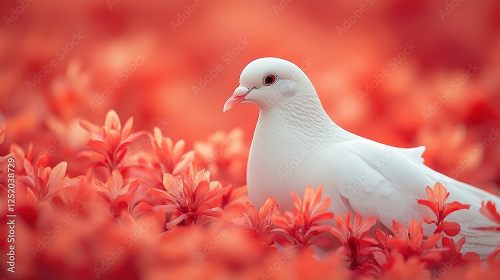 A serene white dove amidst vibrant orange flowers in soft focus. A serene white dove amidst vibrant orange flowers in soft focus.