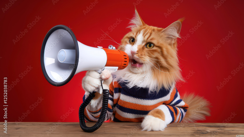 Fototapeta premium Cute cat with a megaphone on a red background. attention announcement