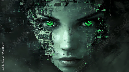 Eerie robotic portrait with haunting green eyes evoking themes of alienation and the unknown in technology. Haunted Cybernetics. Illustration