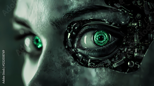 Eerie robotic portrait with haunting green eyes evoking themes of alienation and the unknown in technology. Haunted Cybernetics. Illustration