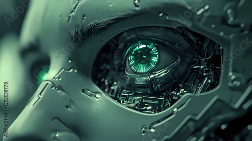 Eerie robotic portrait with haunting green eyes evoking themes of alienation and the unknown in technology. Haunted Cybernetics. Illustration