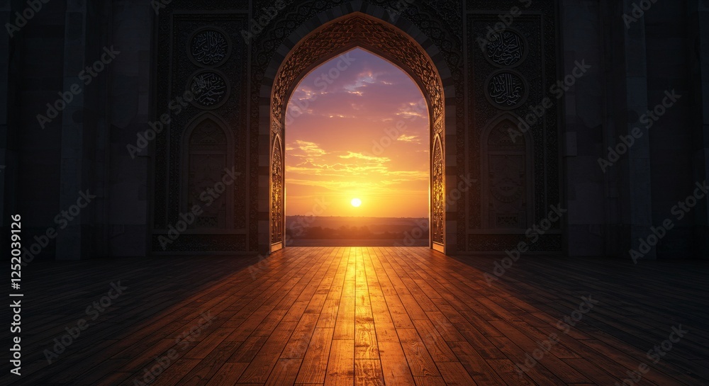 Fototapeta premium Wooden floor with mosque door arch with landscape view and sunset scene background