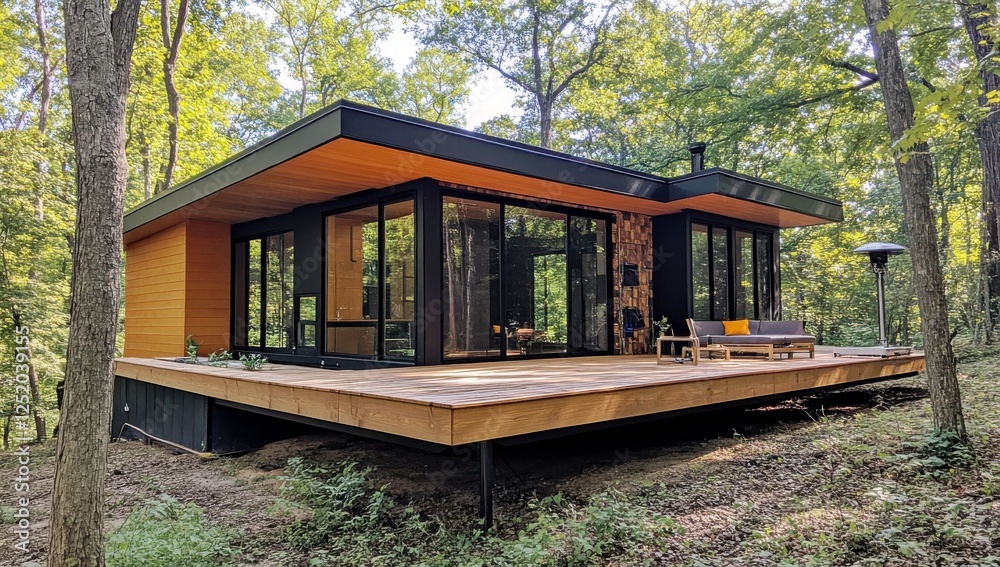 Modern architectural design of a cabin retreat in a serene forested area surrounded by lush greenery and natural light complementing minimalist aesthetics Modern architectural design of a cabin retreat in a serene forested area surrounded by lush greenery and natural light complementing minimalist aesthetics