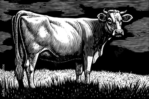 funny cow close up black and white hand drawn sketch