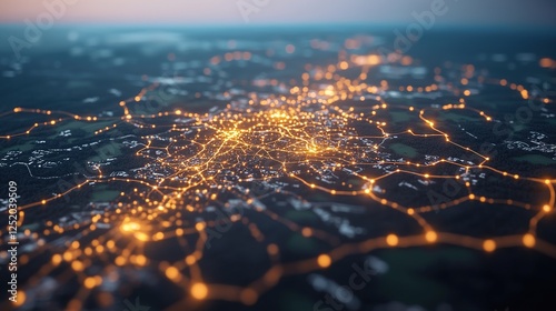 Innovative connectivity map showcasing regional interconnectedness tech hub digital art urban landscape aerial view