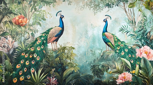 A serene Roman garden mural featuring vibrant peacocks and floral elements against a forested background photo